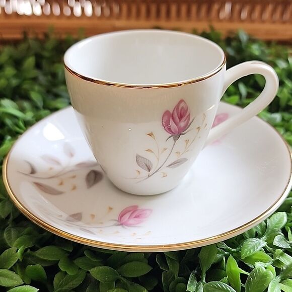 Vintage Japan Abalone China Flamingo Rose Demitasse Teacup & Saucer - Picture 11 of 12